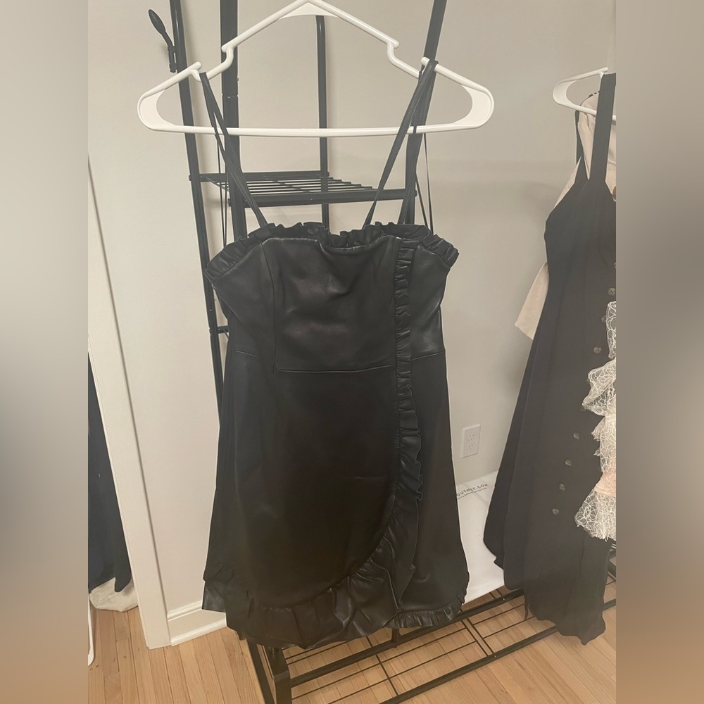 Wrap-effect ruffled leather mini dress , never worn